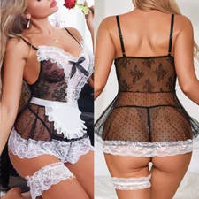 Sexy Adults French Maid Role-Play Lingerie Lace Costume Dress Babydoll Nightwear