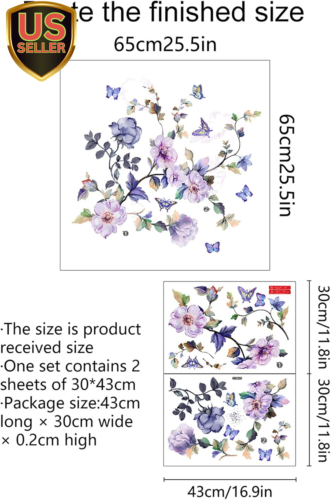 Purple Flower Wall Decals, Removable Fresh Flower Wall Stickers Peel and Stick R - Picture 6 of 8