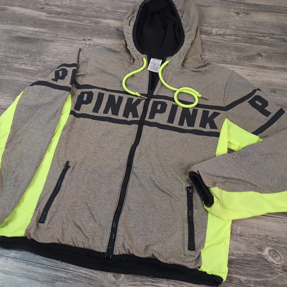 Jaqueta corta-vento feminina VS PINK forrada com zíper completo verde limão XS-S Victoria Secret - Imagem 3 de 4