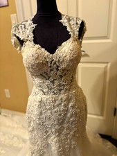 Morilee Ivory Lace Mermaid/Trumpet V-Neck Cap Sleeve Open Back Button Train