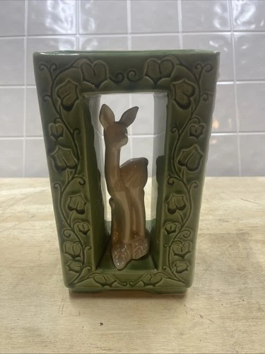 Vintage SHAWNEE Pottery 9" Vase 60s 70s MCM Yellow Deer Green Ivy Two Sided