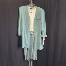 Vintage 80s 90s Just in Thyme Teal Crinkle Midi Dress Duster Jacket Set Geek L