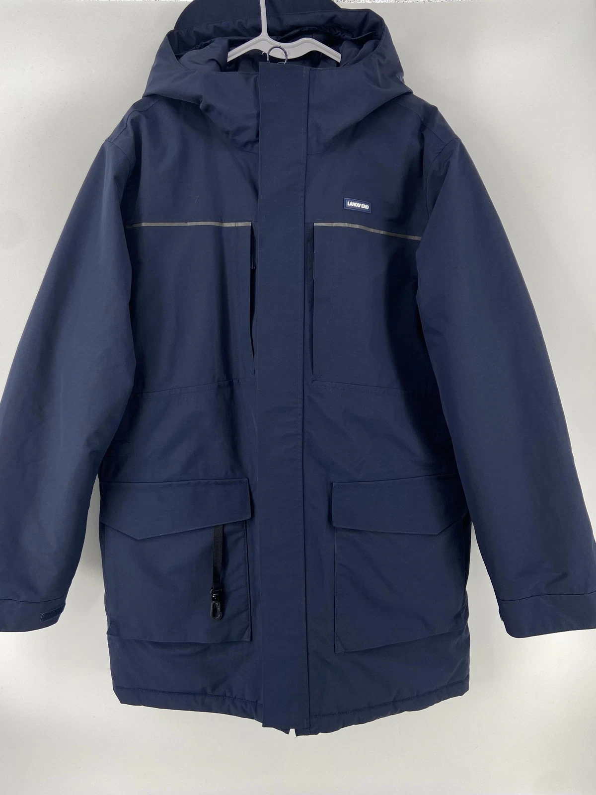 Lands End Squall Parka Jacket Men Large Blue Hood Quilted Insulated Outdoor Coat