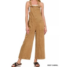 Zenana Deep Camel Washed Cotton Knot Strap Wide Leg Pocket Jumpsuit Overalls Med