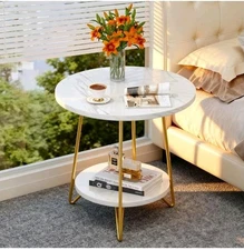 Faux Marble End Table, 2 Tier Round Side Table with Shelves, Modern Nightstand