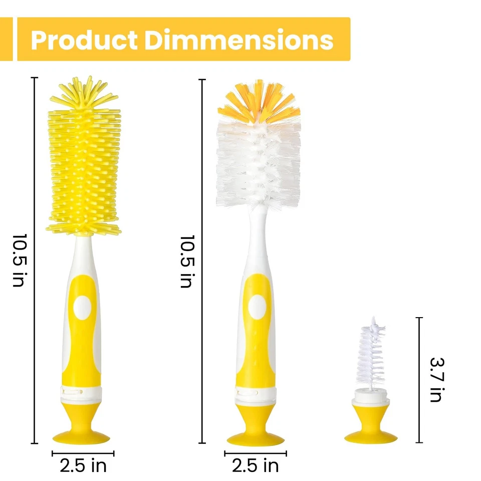 Juego de cepillos para biberón Ariseno - Nylon y silicona, cepillo para pezones, sin BPA (amarillo Foto 2 de 4