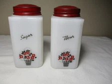 FLOUR SUGAR SHAKER TIPP USA MILK GLASS RED LID FLOWER BASKET