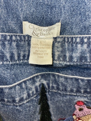 Vtg Christopher & Banks Embroidered Sledding Christmas Denim Bib Overalls Size L - Picture 3 of 6
