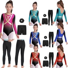 Girls Dancewear Leotard Outfit Jazz Set Competition Long Sleeve Hairband 4Pcs