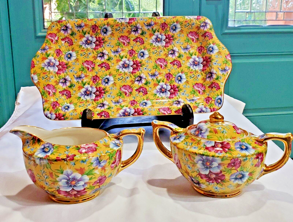 TEA SET James Sadler England Sophie Chintz Cream/Sugar/ Tray