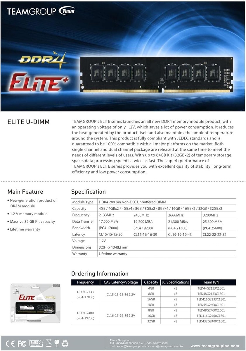 TEAMGROUP Elite DDR4 32GB Kit (2 x 16GB) 3200MHz (2x16GB