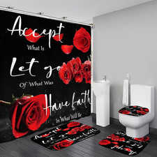 4 Pcs Red Rose Shower Curtain Sets with Rugs Black Blessed Bathroom Sets with Sh