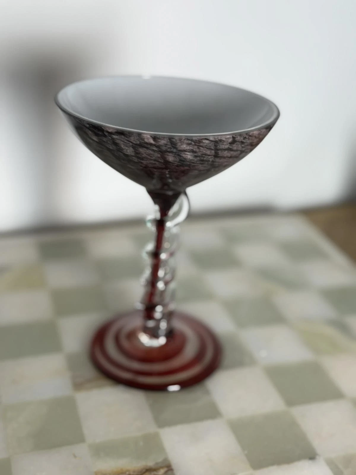 Vintage Murano Style Art Glass Goblet Red & Black Mottled Bowl Clear Spiral Stem