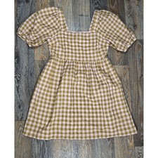 Madewell Gingham Puff Sleeve Mini Dress Green Pink Seersucker Smocked Back Small