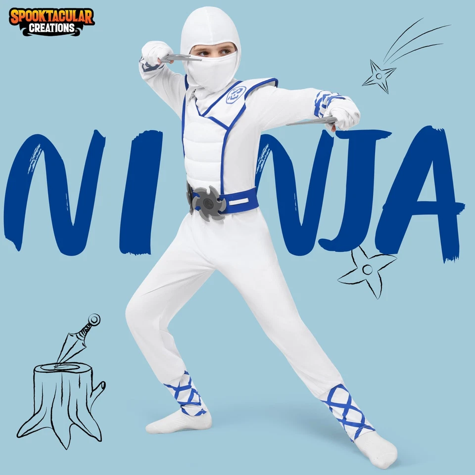 Halloween Ninja Costume Set for Kids - White Outfit with Accessories 10-12 yrs - Image 2 of 4
