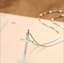 Silver Simple Cross Necklace (2 Pcs) - Glossy Religious Pendant US