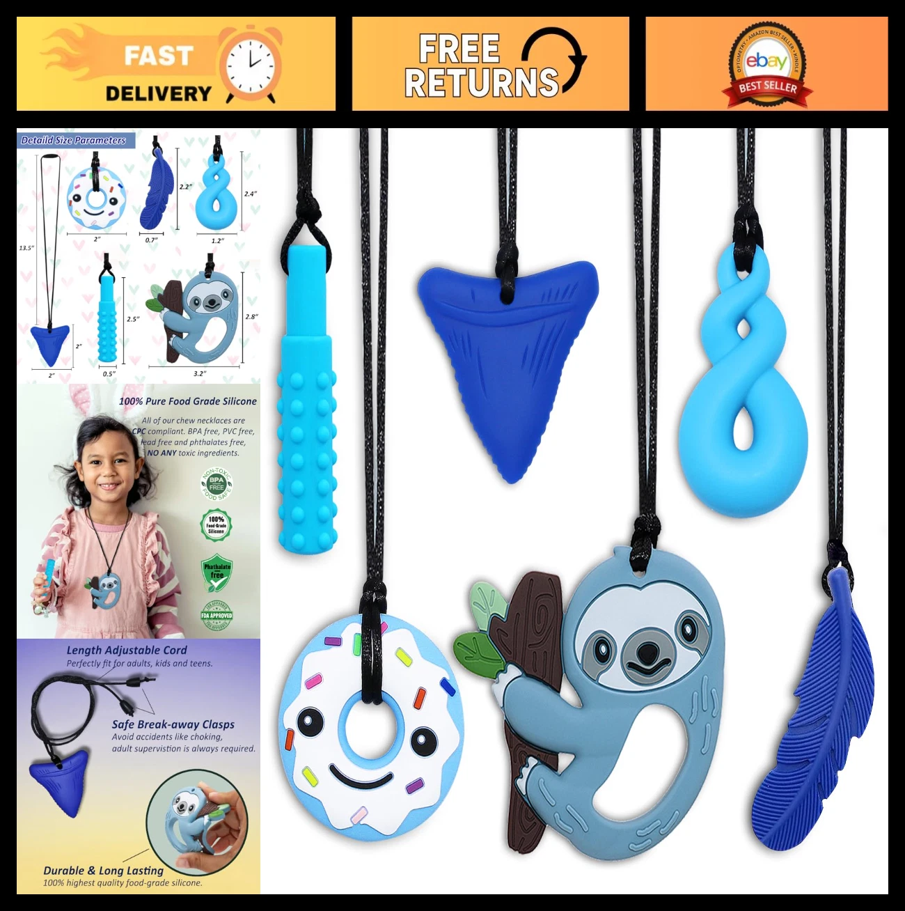 Sensory Chew Necklaces for Kids & Adults - 6 Pack Silicone Oral Motor Aids, Fidg
Opens in a new wind