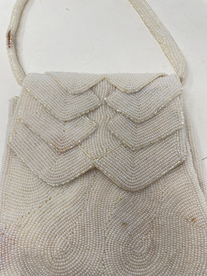 Bolso de noche vintage Walborg con cuentas Japón marfil chevron solapa cartera de boda 7x6 Foto 2 de 4