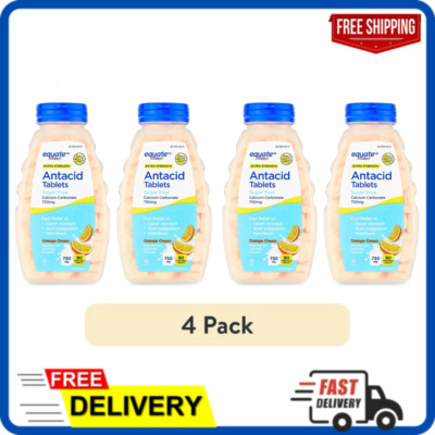 4 Pack Extra Strength Sugar-Free Antacid, Orange Cream Chewable Tablets, 750 mg