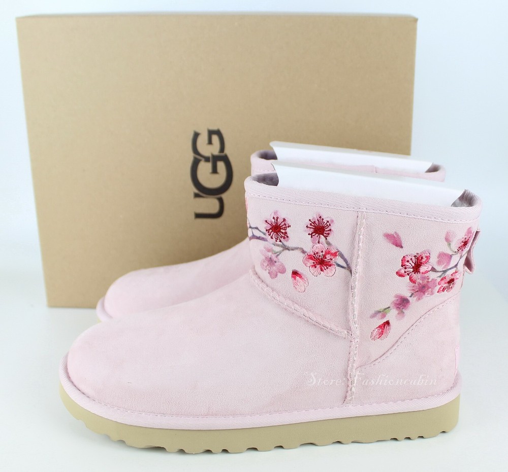 NEW UGG CLASSIC MINI SUEDE SHEEPSKIN EMBROIDERED FLORAL BOOTS, Color: Pink, US 7