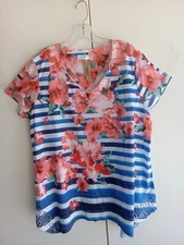 NWT Time and Tru Blue & White Stripe Floral Rhinestones Tee Shirt Top Women  XL