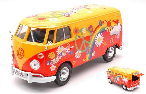 Motormax 1/24 Van Vw Type 2 T1 Delivery Van Flower Power Statisches Modell-image