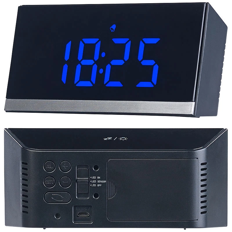 infactory Dimmbare Funk-LED-Tischuhr, Wecker und Temperaturanzeige, schwarz/blau - Bild 2 von 4