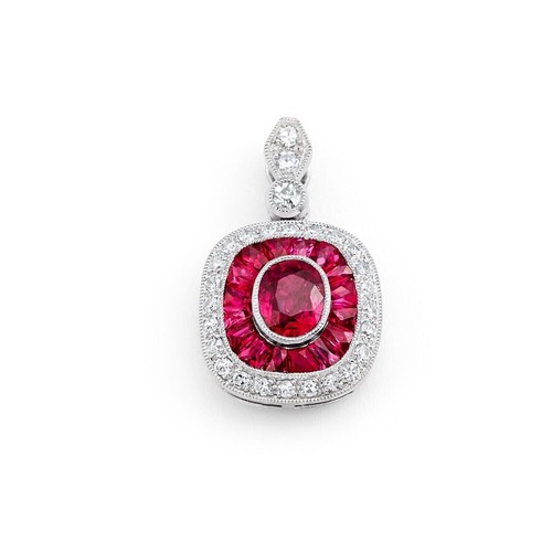 Art Deco Style 2.45 Ct Oval Red Ruby Halo Lab-Created Diamond Pendant 925 Silver - Picture 2 of 3