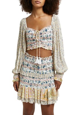 Floral Print Smocked Puff Sleeve Metallic Crop Top River Island Womens Xs