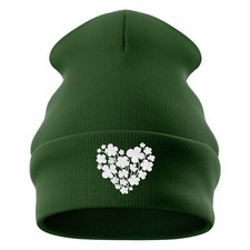 Image of Embroidered Shamrock Heart Beanie Hat St Patricks Day Men and Women Ireland I...