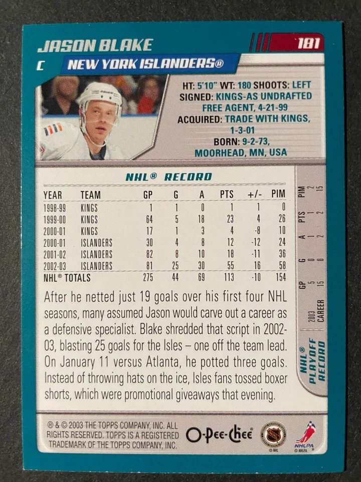 Jason BLAKE 2003-04 O-Pee-Chee Hockey #181 New York Islanders - Image 2 of 2