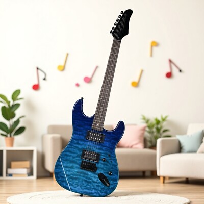 39'' Beginner ST-Style Electric Guitar Set - Tremolo Full Size HH Blue Flame