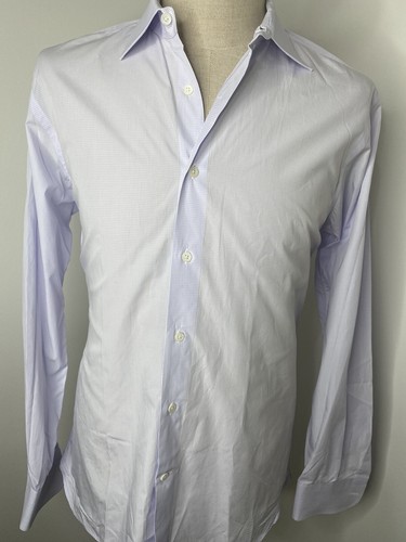 Hickey Freeman Mens Plaid Button Down Shirt Purple White Made Italy 16 Long Slv - Picture 3 of 5