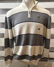 CHAPS Men  s Sweater Navy/Gray/Beige Striped 1/4 Zip Mockneck  Size XL  NWT