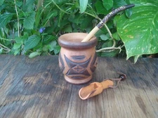 Mate Argentino Hand Carved wooden  Wood Cup , Straw, BONUS Spoon Yerba Mate Sur