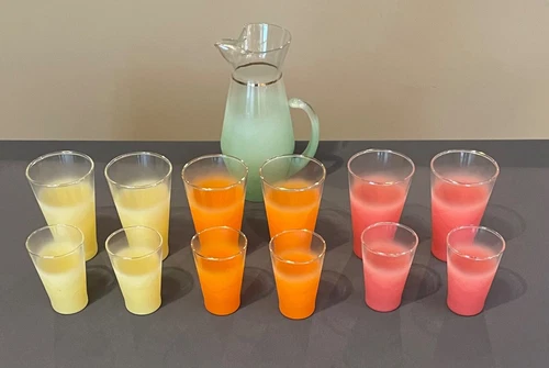 Blendo Frosted Glasses Beverage Set Pitcher With 12 Glasses Colorful VTG MCM