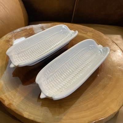 Bordallo Pinheiro White Corn Cob Dishes (2) Mint Condition Made in Portugal