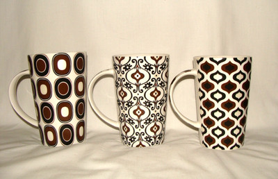 Maxwell Williams (3) Marrakesh White Black & Brown Tall Ceramic Coffee Cup Mugs