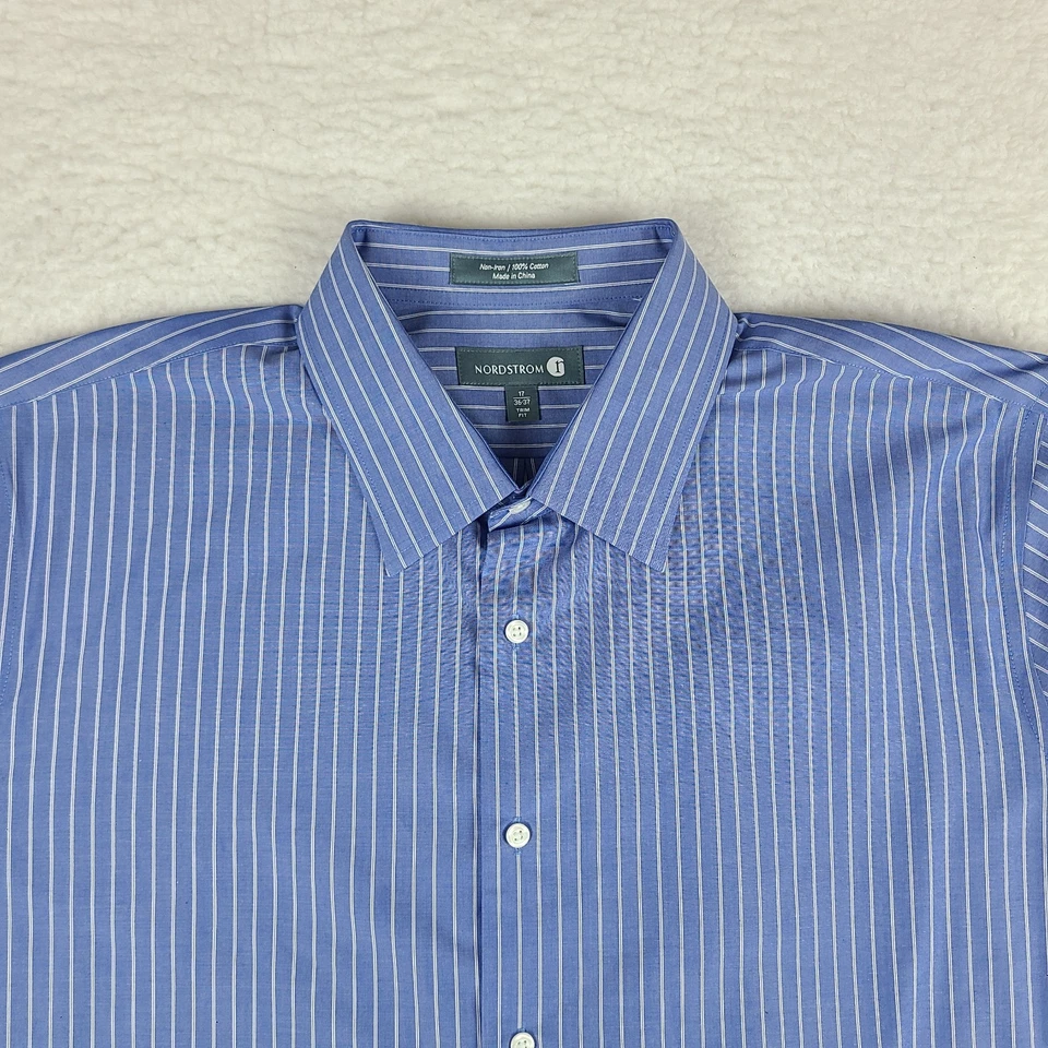 Camisa de vestir Nordstrom para hombre 17 36/37 azul a rayas ajuste sin planchar abotonada Foto 3 de 4