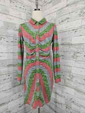 Zara Womens Large Ruched Pink Green Striped Shirt Dress