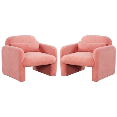 2 PCS Modern Accent Chair Sherpa Fabric Upholstered Armchair w/Waist Pillow Pink