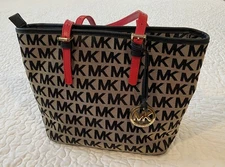 Michael Kors Tote Bag Logo Print Red Straps Black Interior Zip Closure Medium