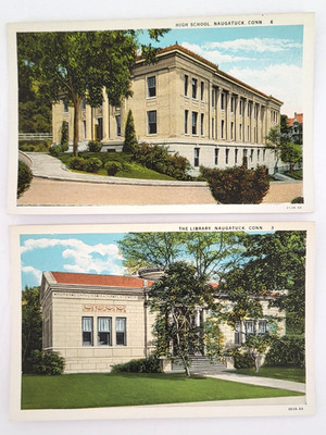 PR VTG 1930 NAUGATUCK CT PC Views HIGH SCHOOL & PUBLIC LIBRARY Mint