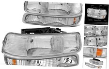 Chrome Amber Headlights w/ Bumper Lights for Chevy Silverado 99-02 Tahoe