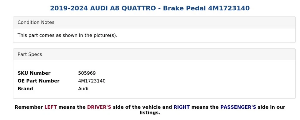 AUDI A8 QUATTRO 2019-2024 - Pedal de freno 4M1723140 Foto 3 de 4