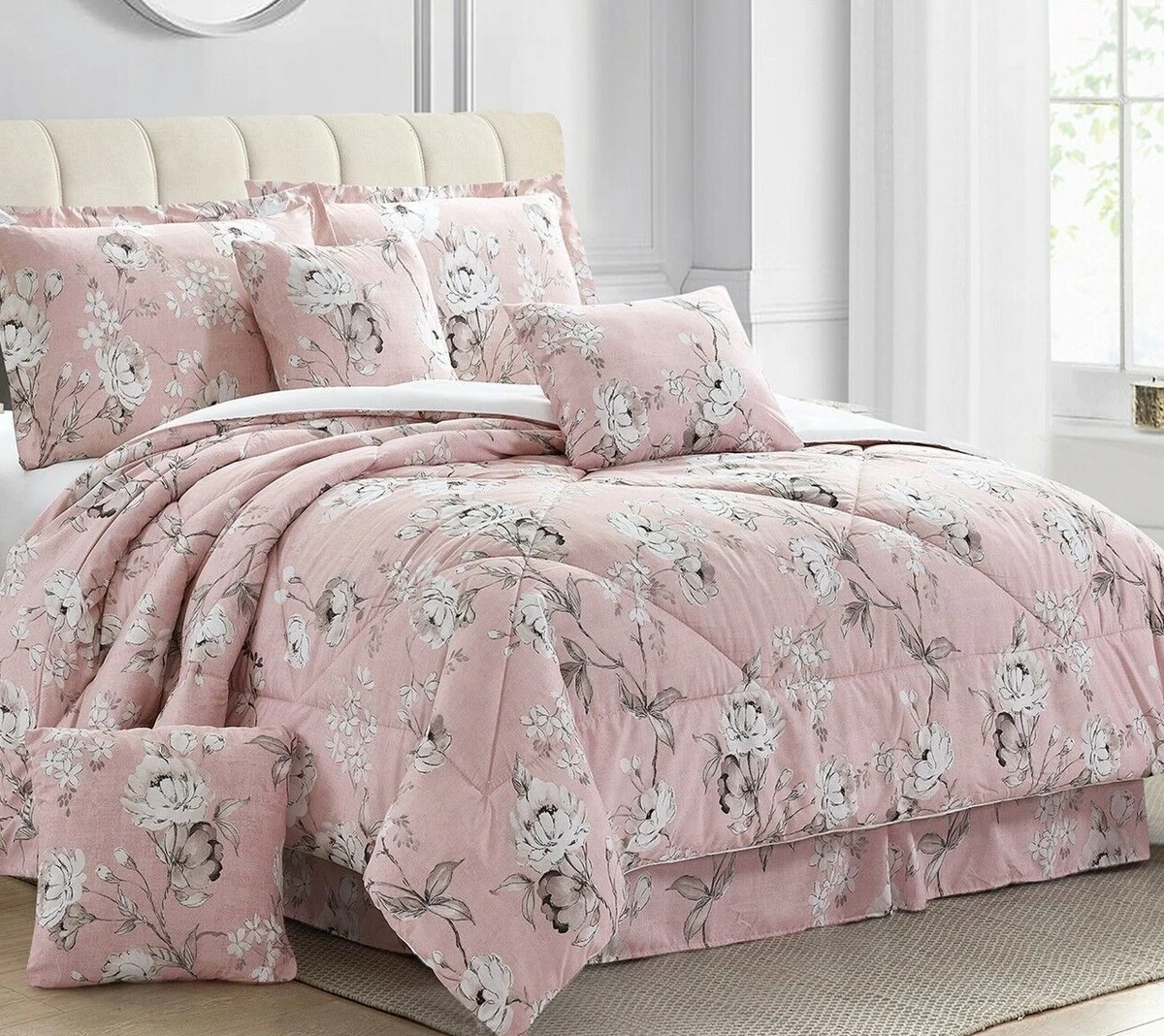 Pastel Rose Blush Bedspread Set Comforter Throw Bedding Single