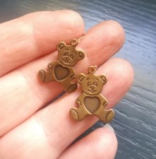 Fashion Brass Tone Dangle Petite Teddy Bear Pierced Earrings. D12023