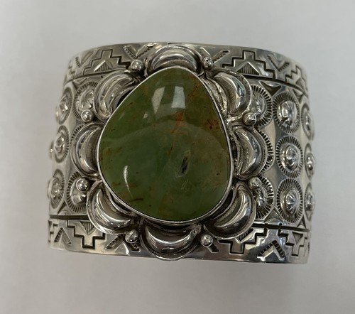 Navajo L.A. Willie Wide Sterling Silver and Nevada Turquoise Cuff - Picture 2 of 6