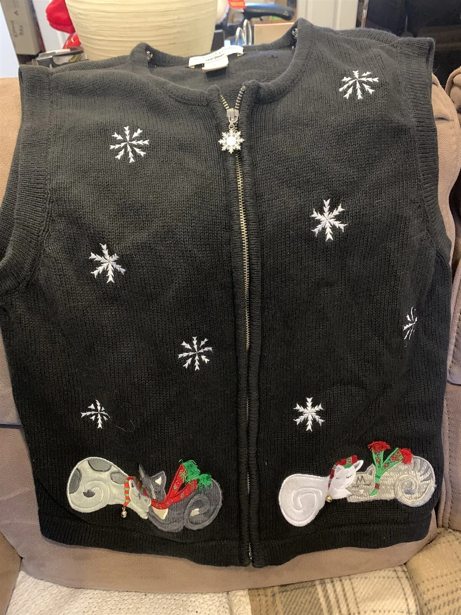 Vtg Bechamel Womens Petite Large UGLY Cat Christmas Sweater Vest Adorable