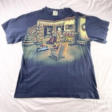 Vintage Art Unlimited Mens Large Navy Santa Christmas Double Sided Shirt USA